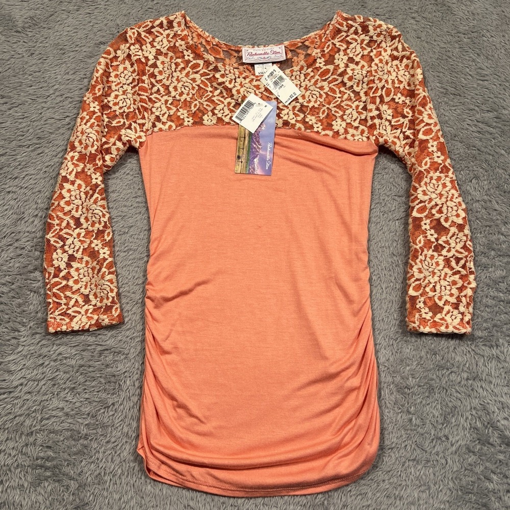 Panhandle Slim Lace Yoke Ruched Side 3/4 Sleeve Top Peach Boho Chic Womens Small